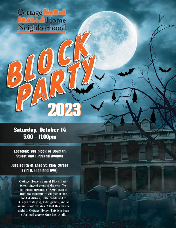 Cottage Home Block Party 2023 flyer with Haunted House on Dorman Street,